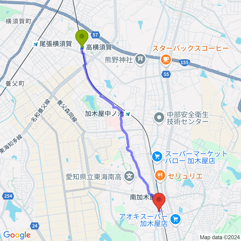 高横須賀駅から(株)マツイシ楽器店ミュージックスポットマツイシへのルートマップ地図