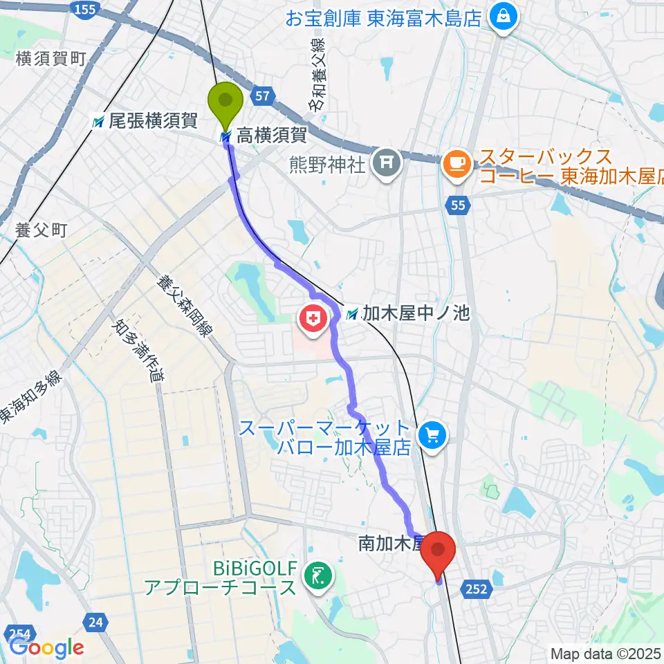 高横須賀駅から(株)マツイシ楽器店ミュージックスポットマツイシへのルートマップ地図