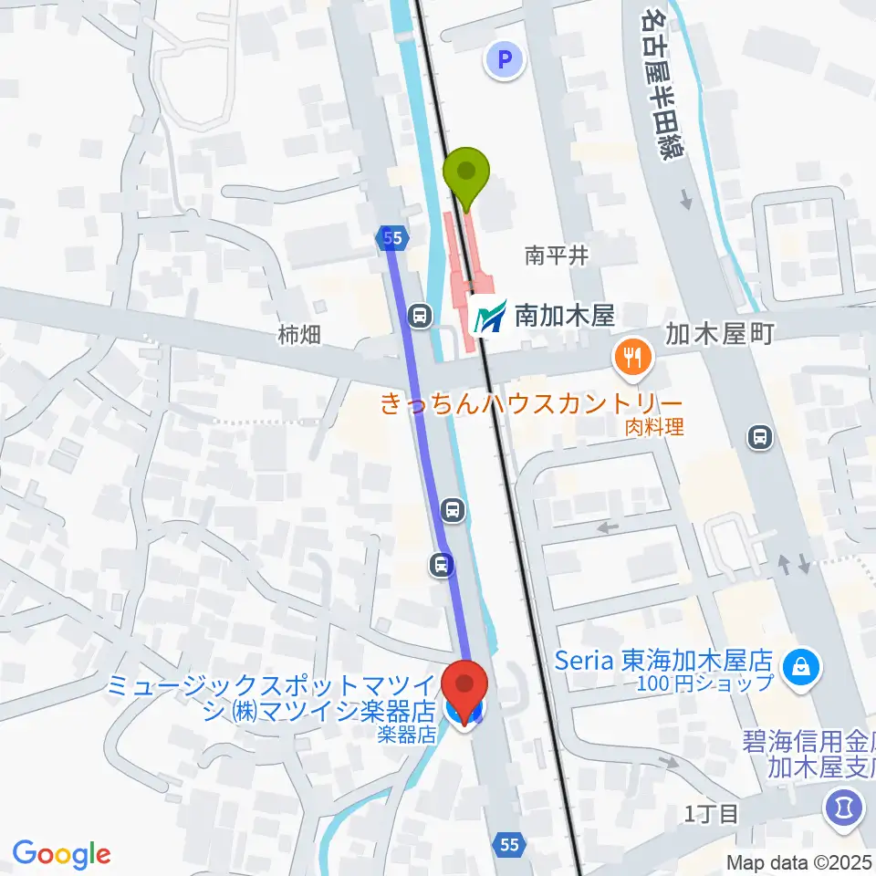 (株)マツイシ楽器店ミュージックスポットマツイシの最寄駅南加木屋駅からの徒歩ルート（約5分）地図