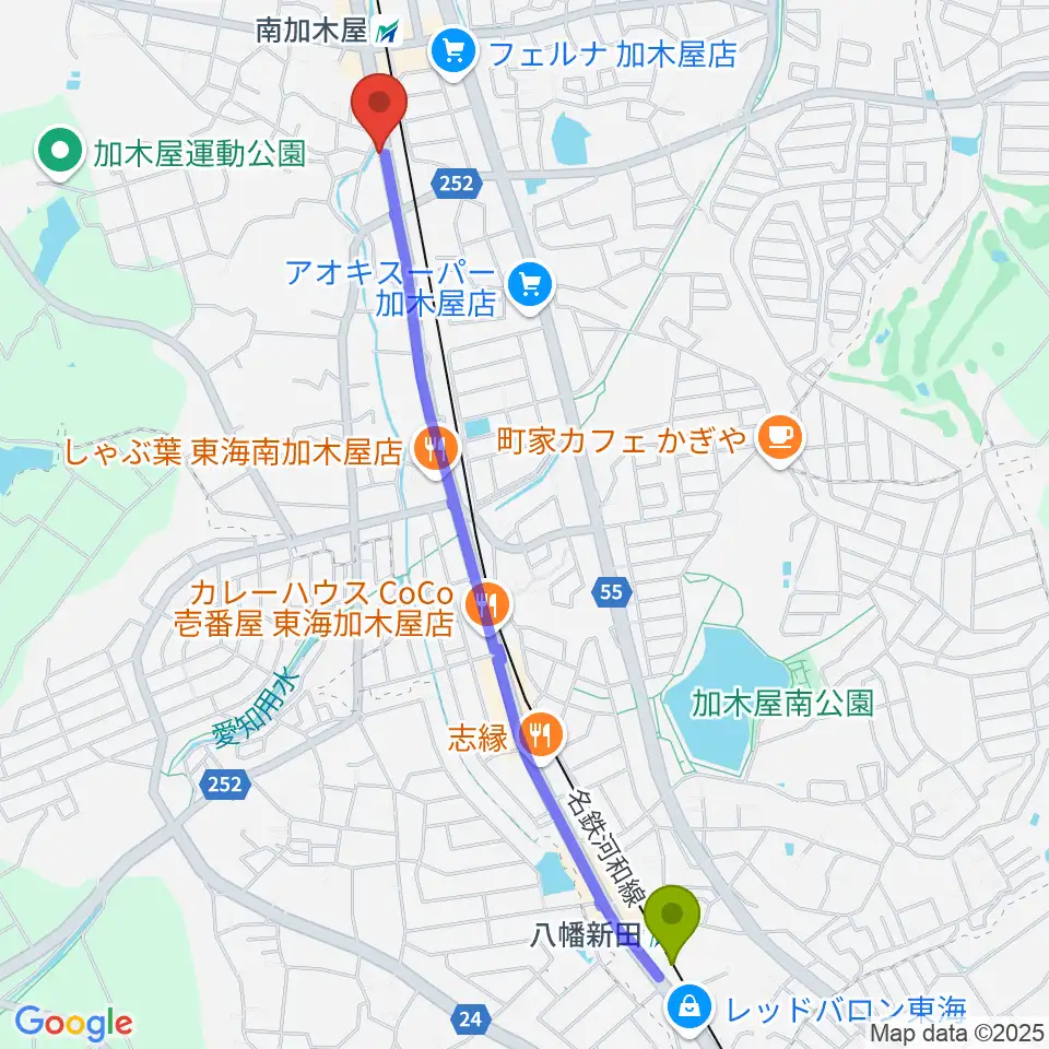 八幡新田駅から(株)マツイシ楽器店ミュージックスポットマツイシへのルートマップ地図