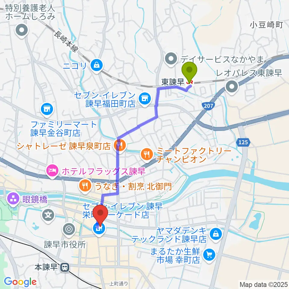 東諫早駅から原田楽器へのルートマップ地図