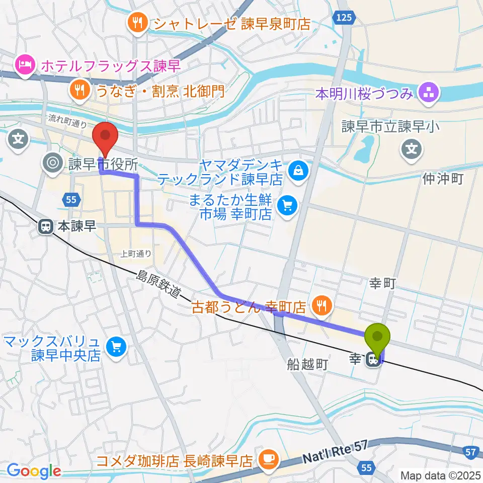 幸駅から原田楽器へのルートマップ地図