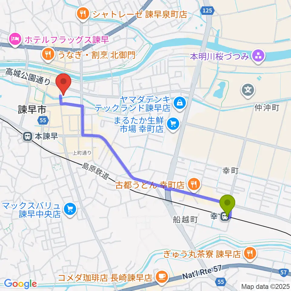 幸駅から原田楽器へのルートマップ地図