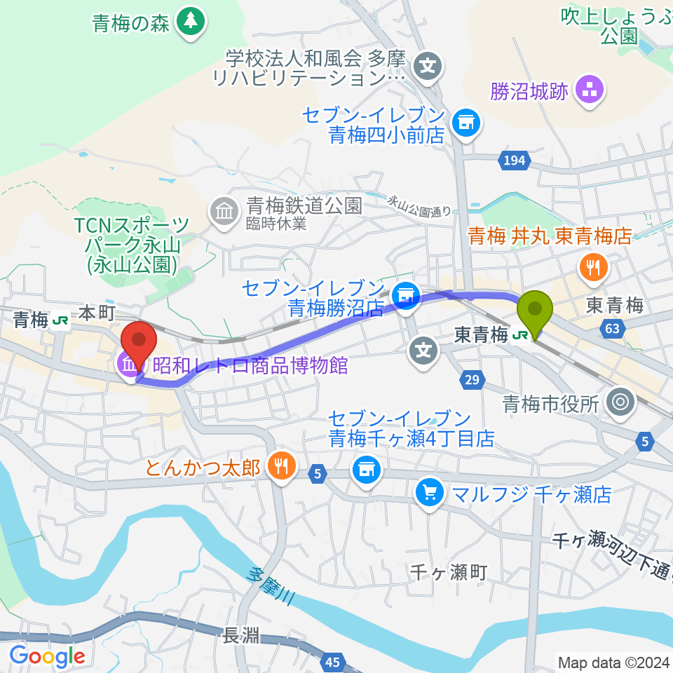 東青梅駅からハリーズエンジニアリングへのルートマップ地図