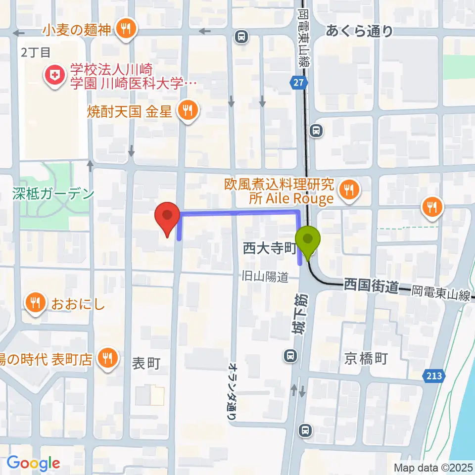 長谷川楽器ギターコロニーの最寄駅西大寺町駅からの徒歩ルート（約2分）地図