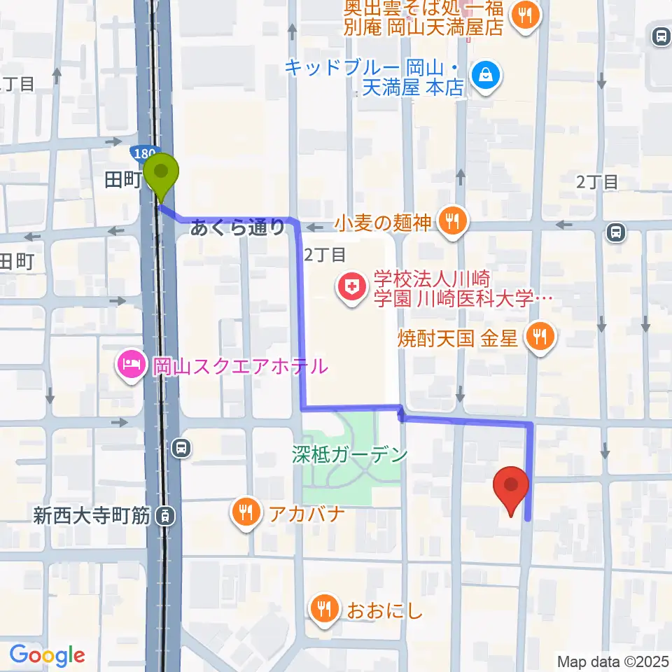 田町駅から長谷川楽器ギターコロニーへのルートマップ地図