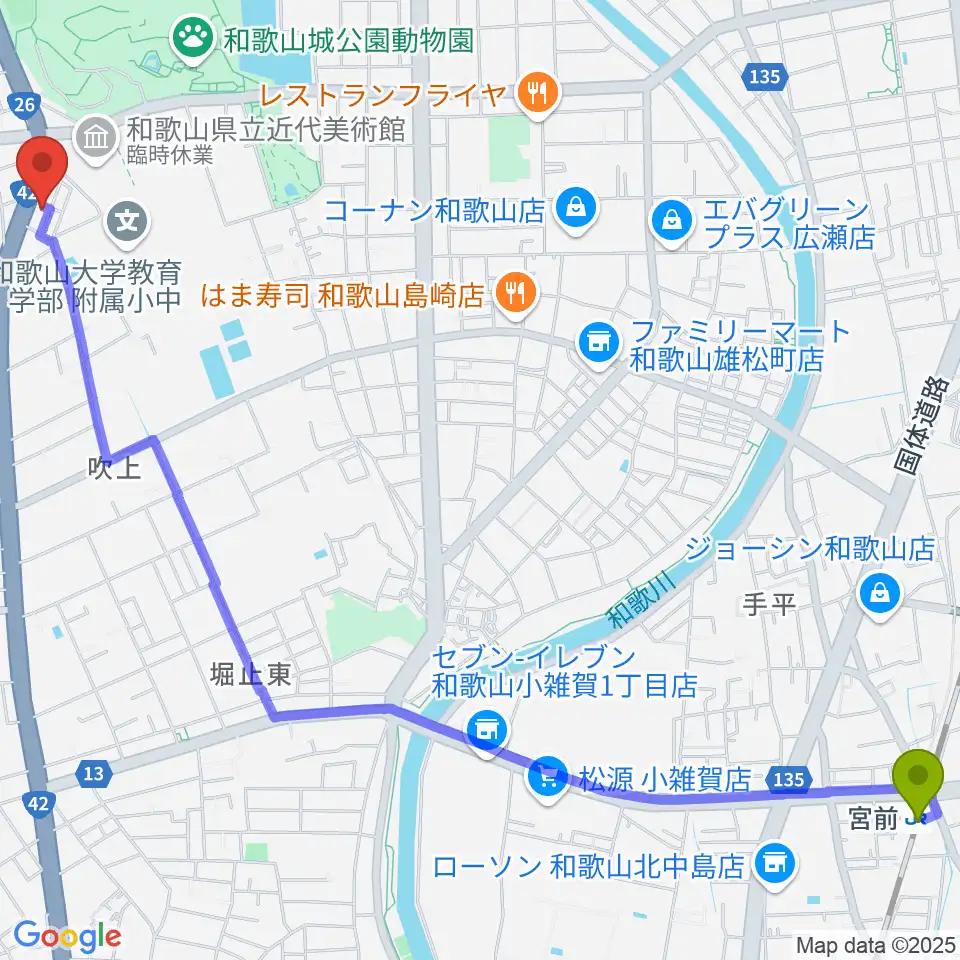 宮前駅から服部楽器へのルートマップ地図