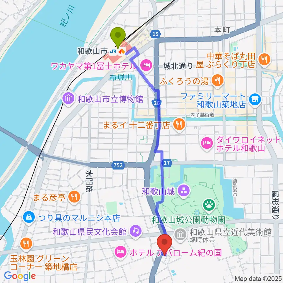 服部楽器の最寄駅和歌山市駅からの徒歩ルート（約24分）地図