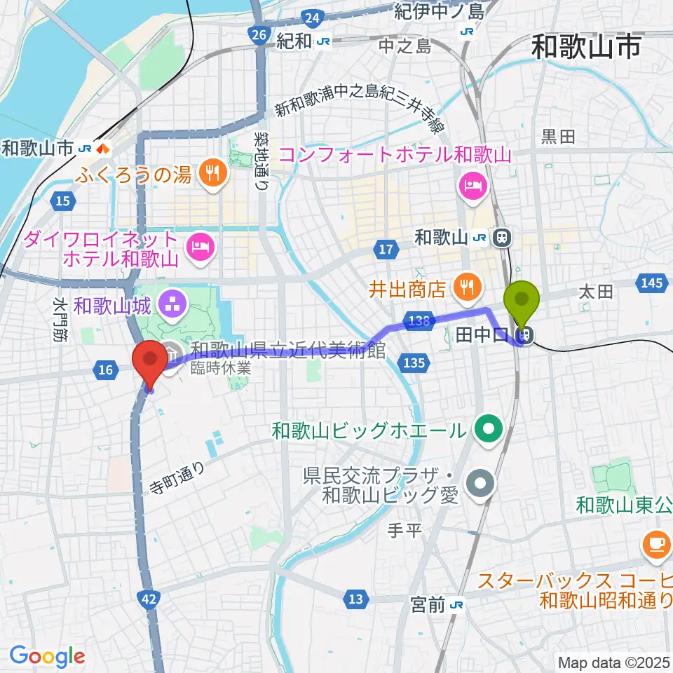 田中口駅から服部楽器へのルートマップ地図