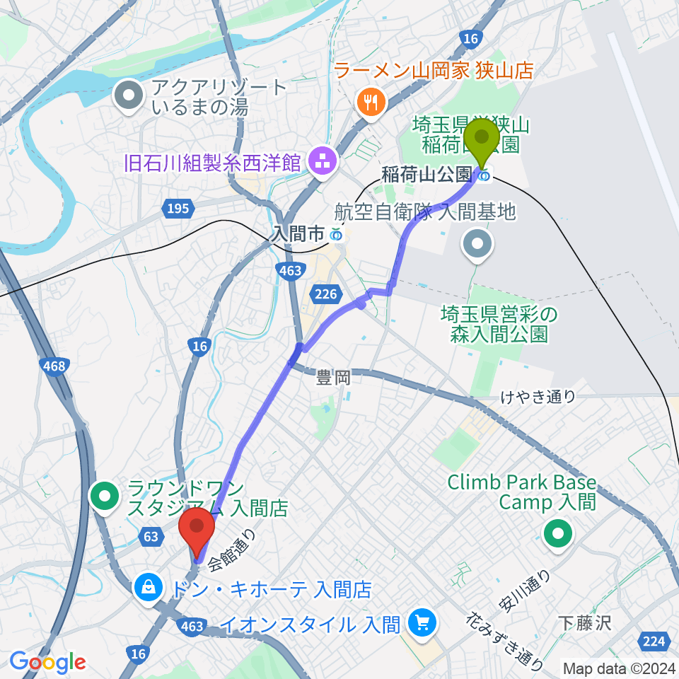 稲荷山公園駅から平野楽器へのルートマップ地図