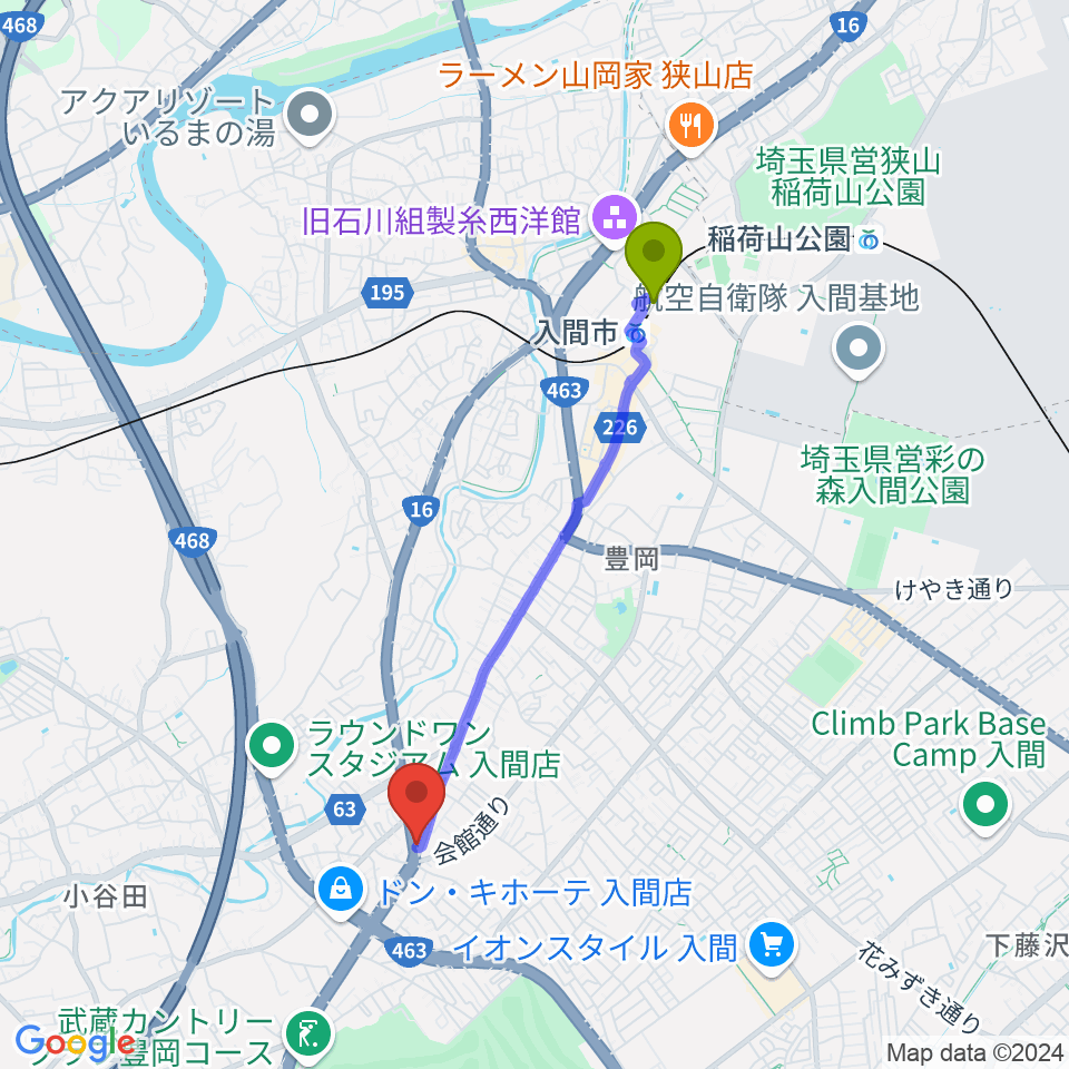 平野楽器の最寄駅入間市駅からの徒歩ルート（約34分）地図