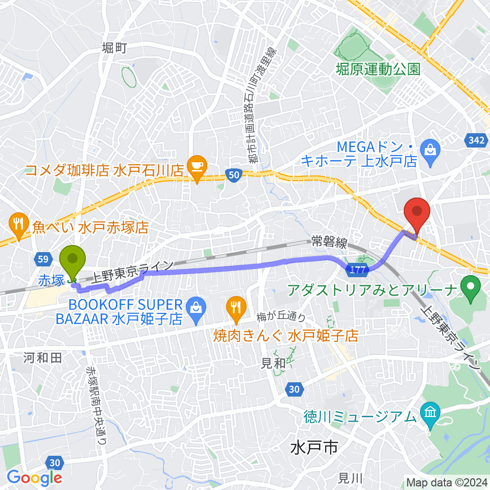 赤塚駅から平山ピアノ社へのルートマップ地図