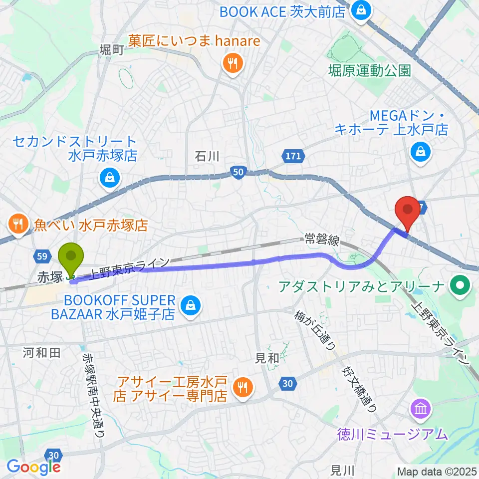 赤塚駅から平山ピアノ社へのルートマップ地図