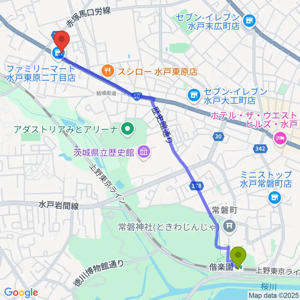 平山ピアノ社の最寄駅偕楽園駅からの徒歩ルート（約29分）地図