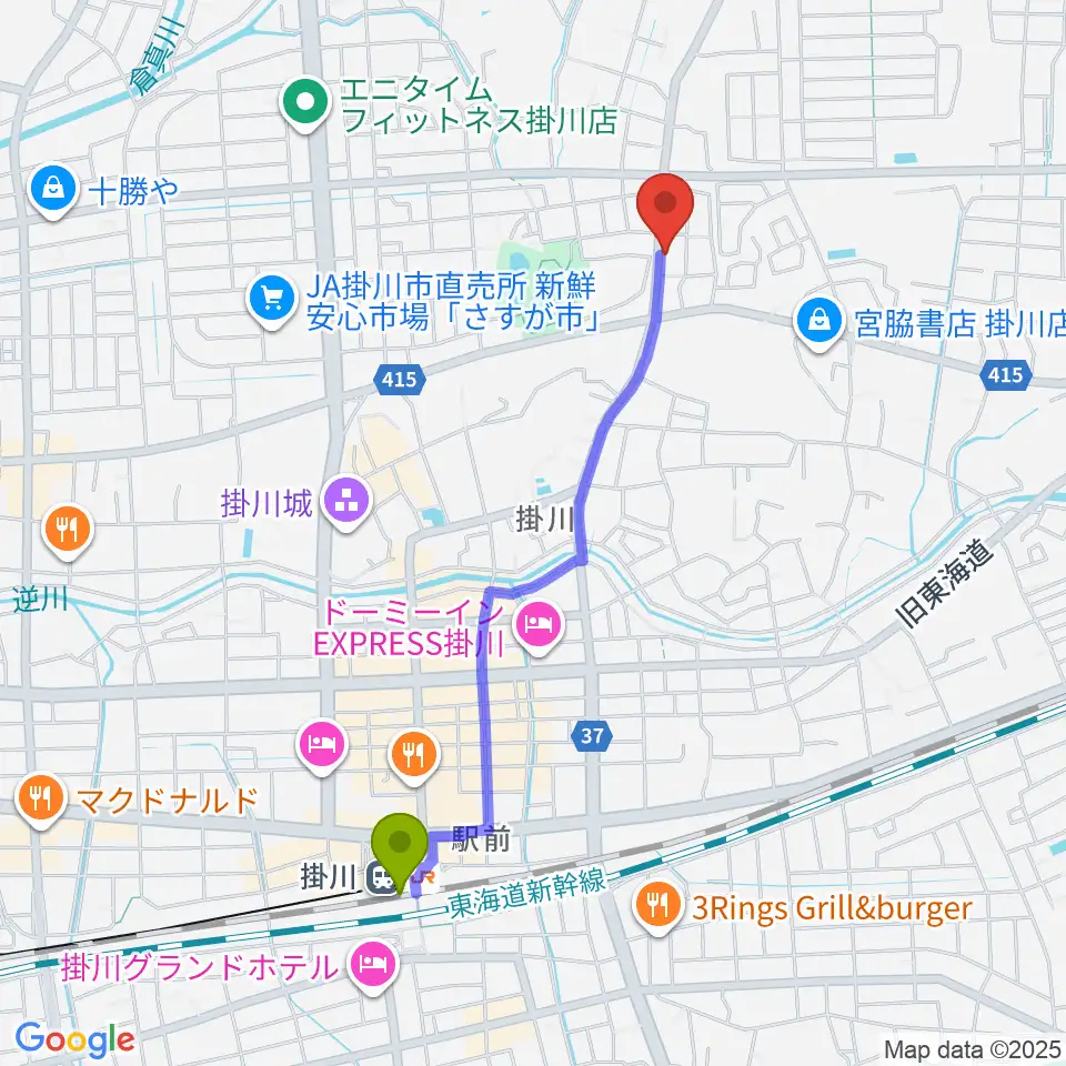 兵藤楽器店の最寄駅掛川駅からの徒歩ルート（約20分）地図