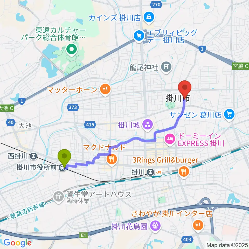 掛川市役所前駅から兵藤楽器店へのルートマップ地図