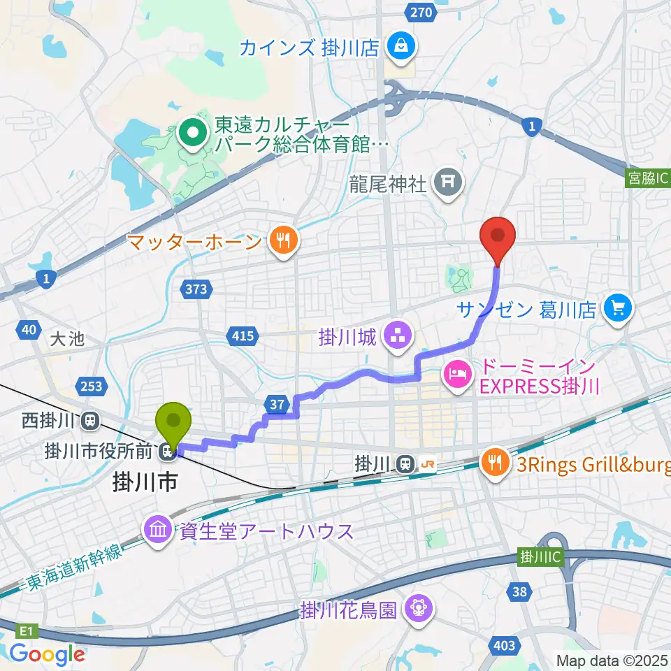 掛川市役所前駅から兵藤楽器店へのルートマップ地図