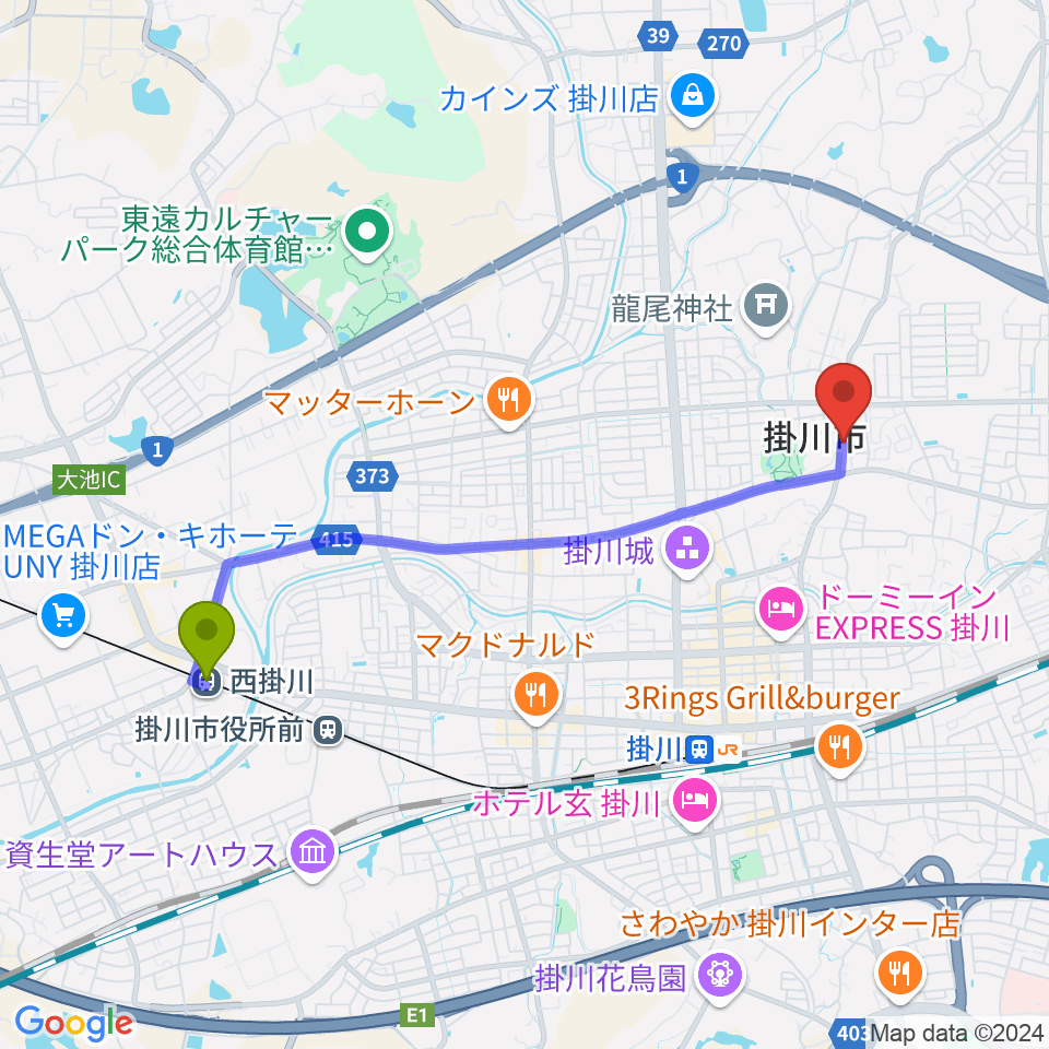 西掛川駅から兵藤楽器店へのルートマップ地図