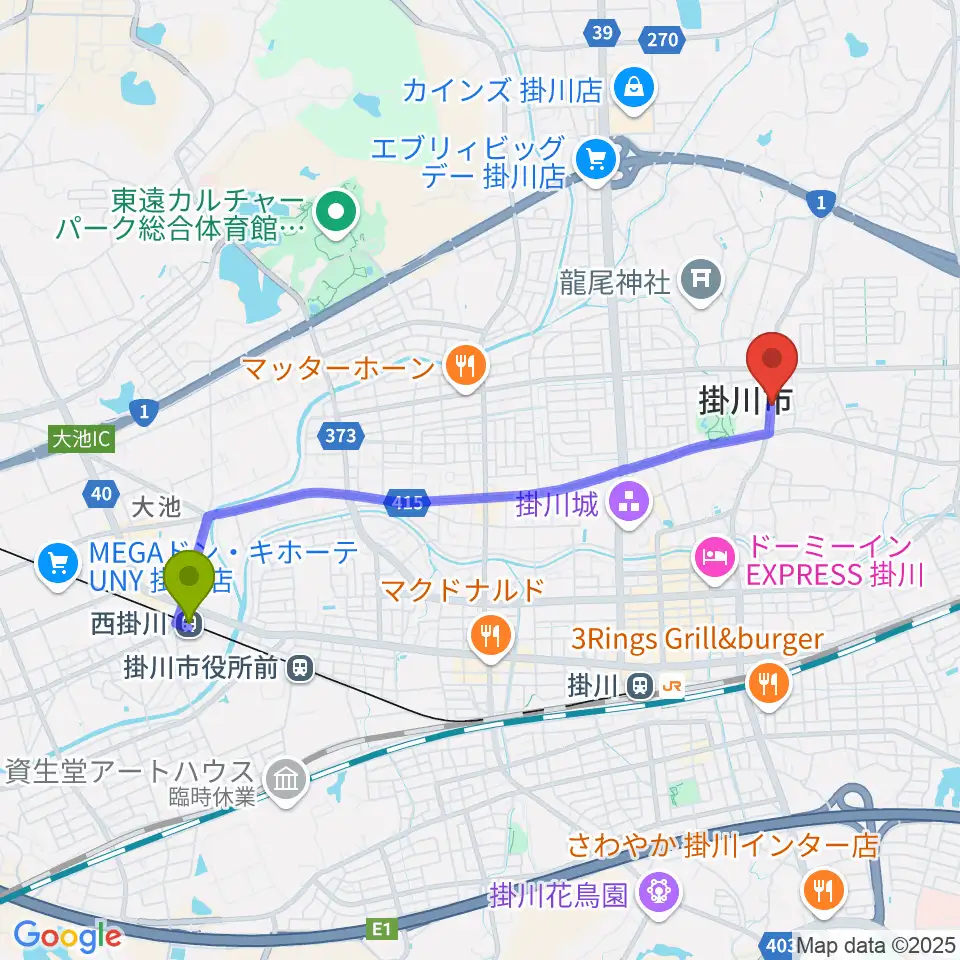 西掛川駅から兵藤楽器店へのルートマップ地図