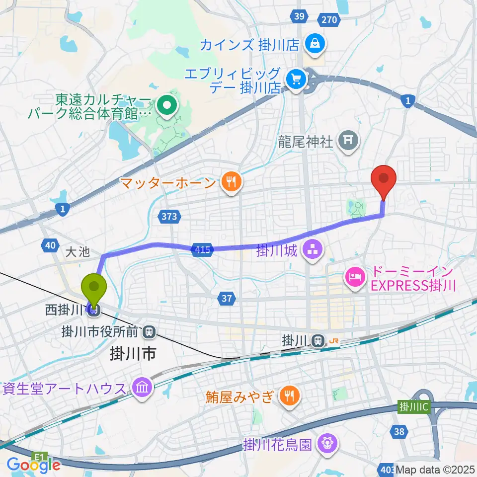 西掛川駅から兵藤楽器店へのルートマップ地図