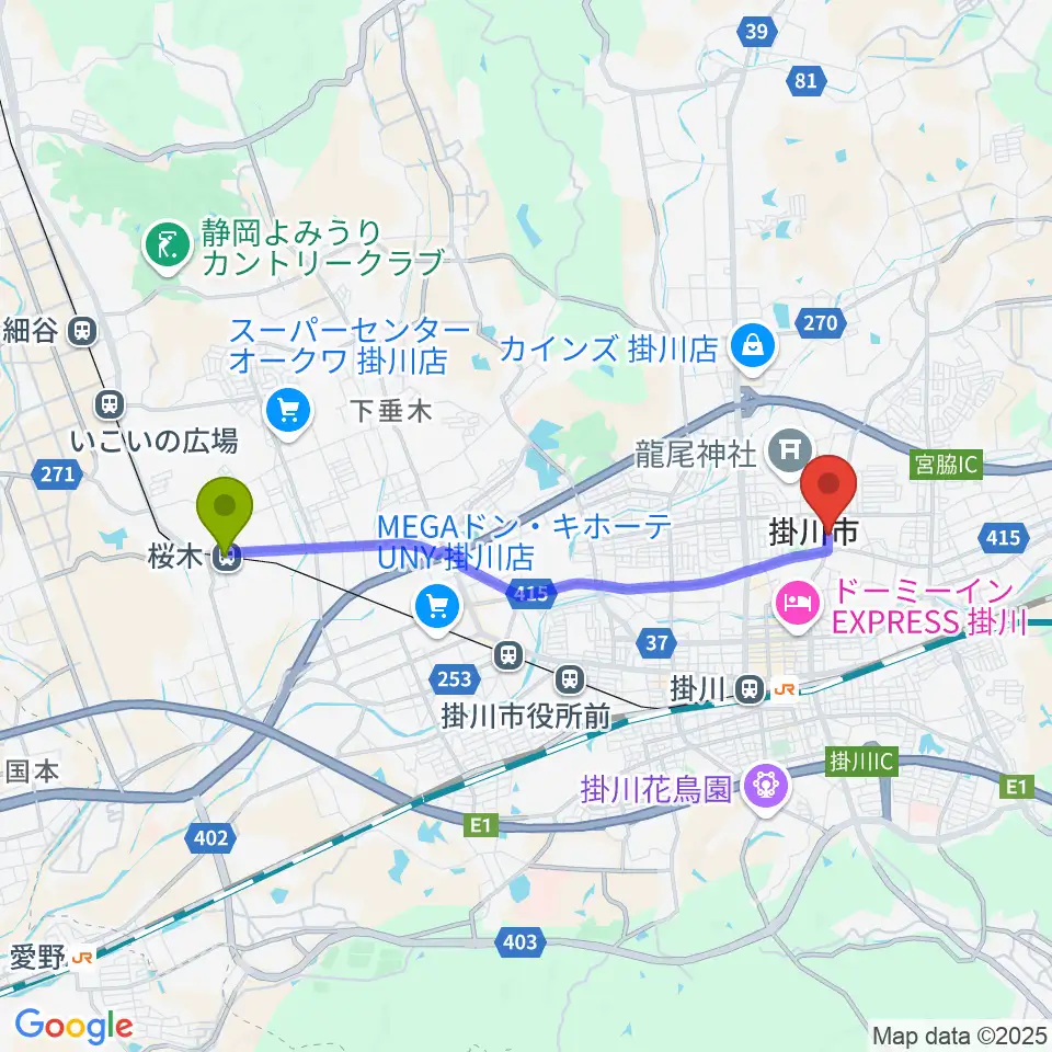 桜木駅から兵藤楽器店へのルートマップ地図