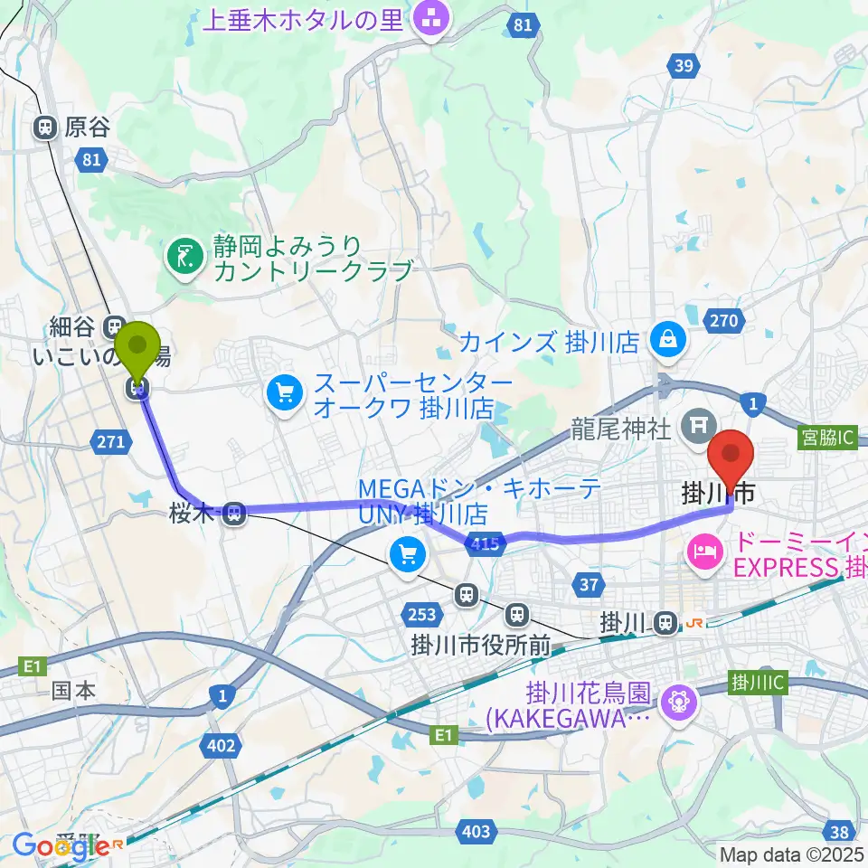 いこいの広場駅から兵藤楽器店へのルートマップ地図