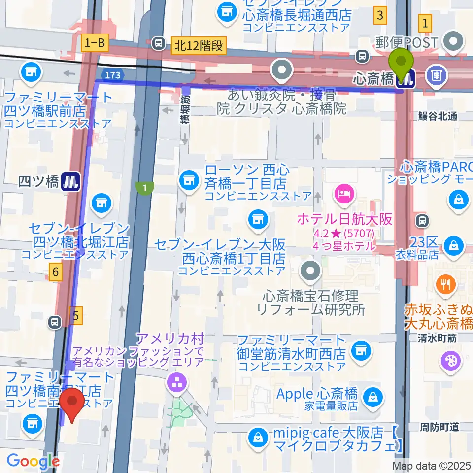 心斎橋駅からギターリックスへのルートマップ地図