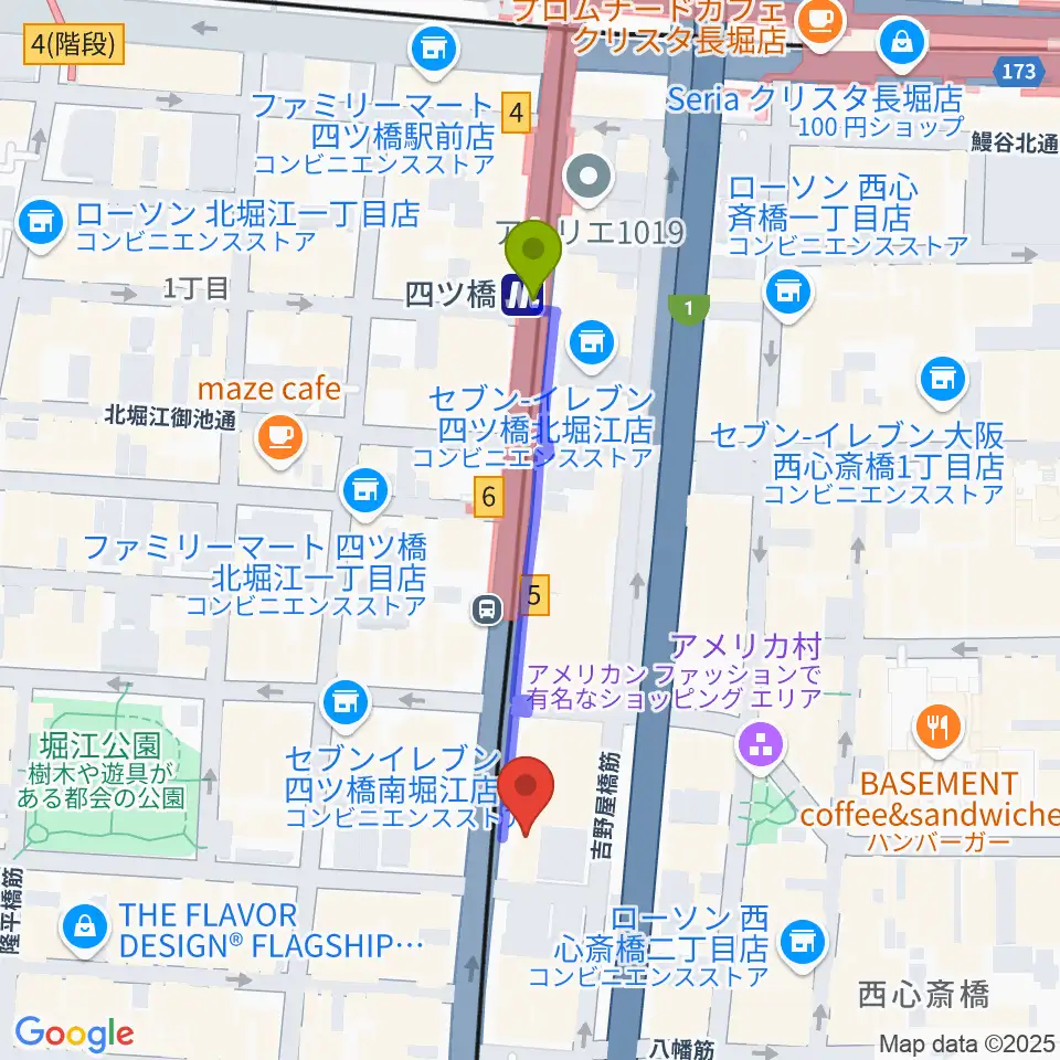 ギターリックスの最寄駅四ツ橋駅からの徒歩ルート（約4分）地図