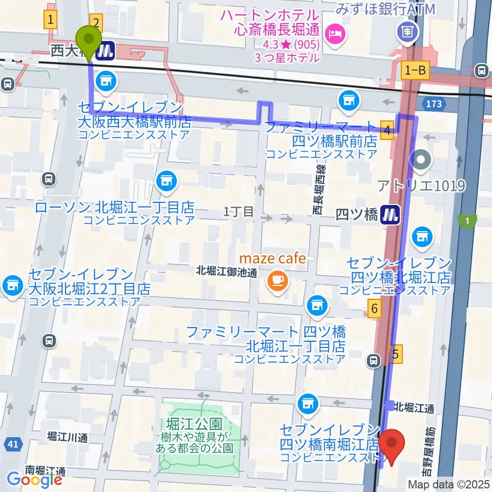 西大橋駅からギターリックスへのルートマップ地図