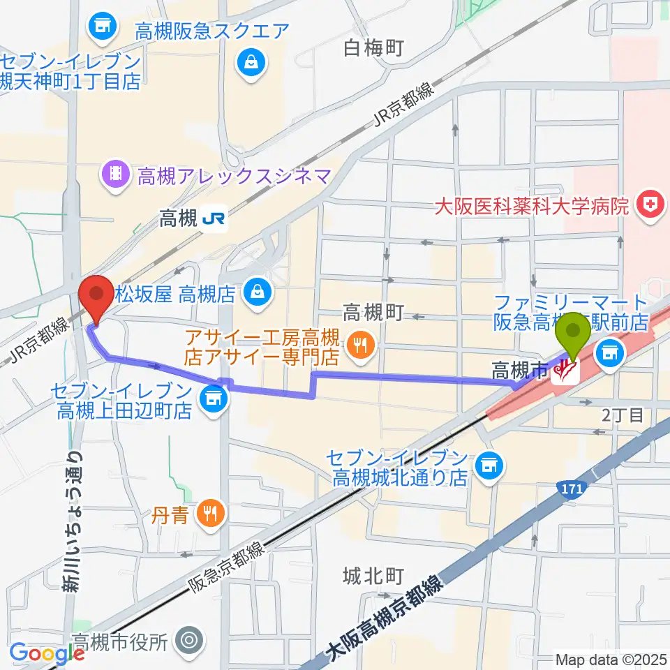 高槻市駅からアコースティックプラザ井上楽器へのルートマップ地図