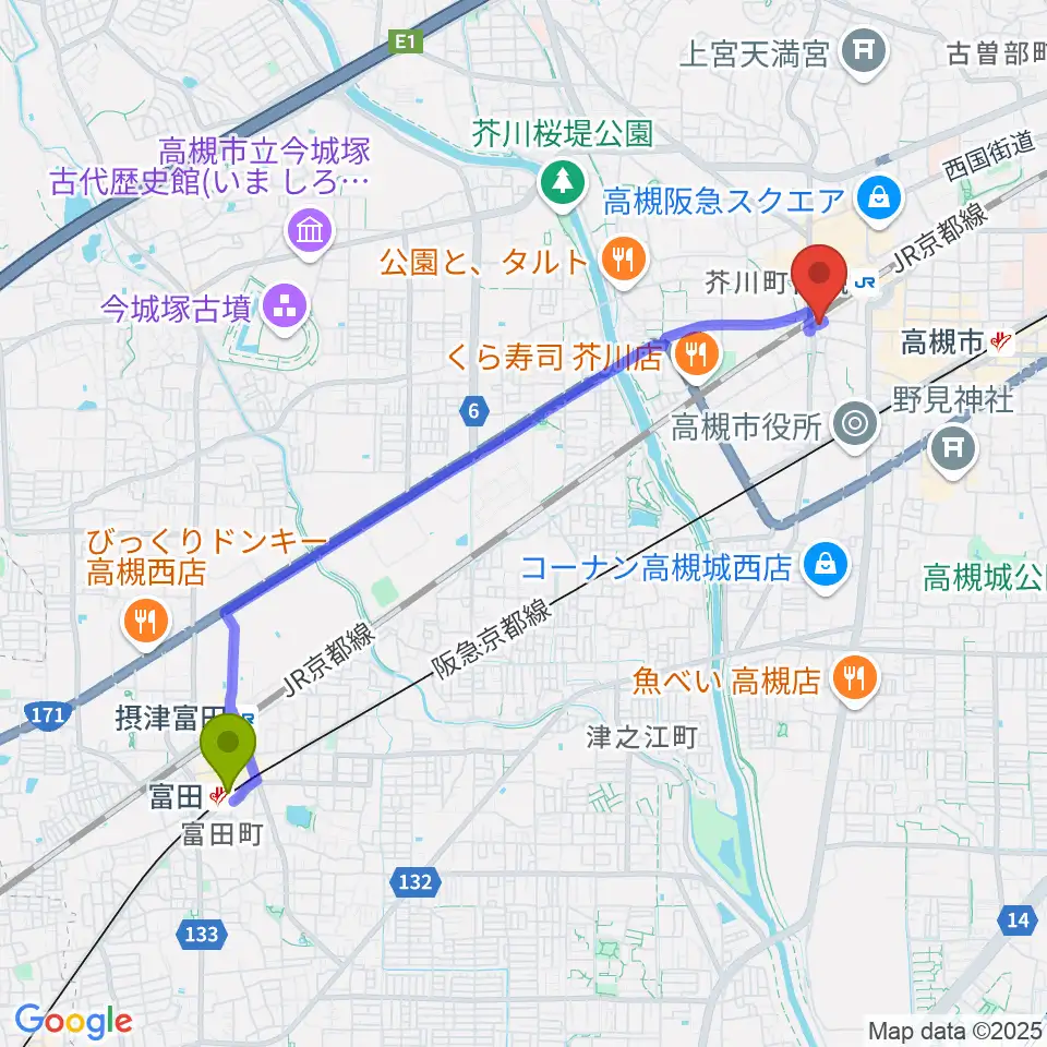 富田駅からアコースティックプラザ井上楽器へのルートマップ地図