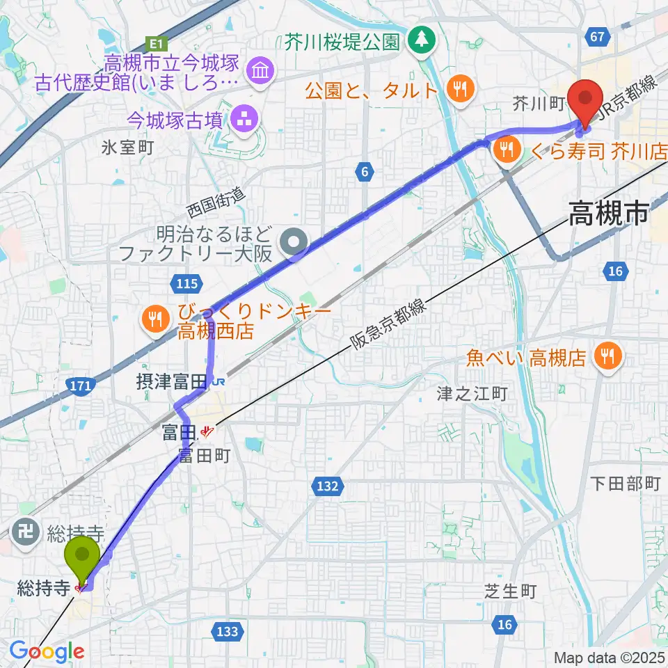 総持寺駅からアコースティックプラザ井上楽器へのルートマップ地図