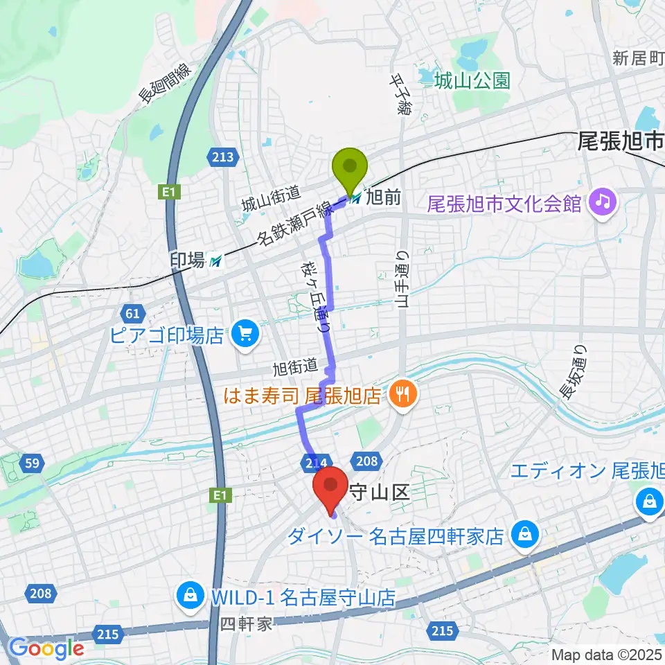 旭前駅から岩本ケースへのルートマップ地図