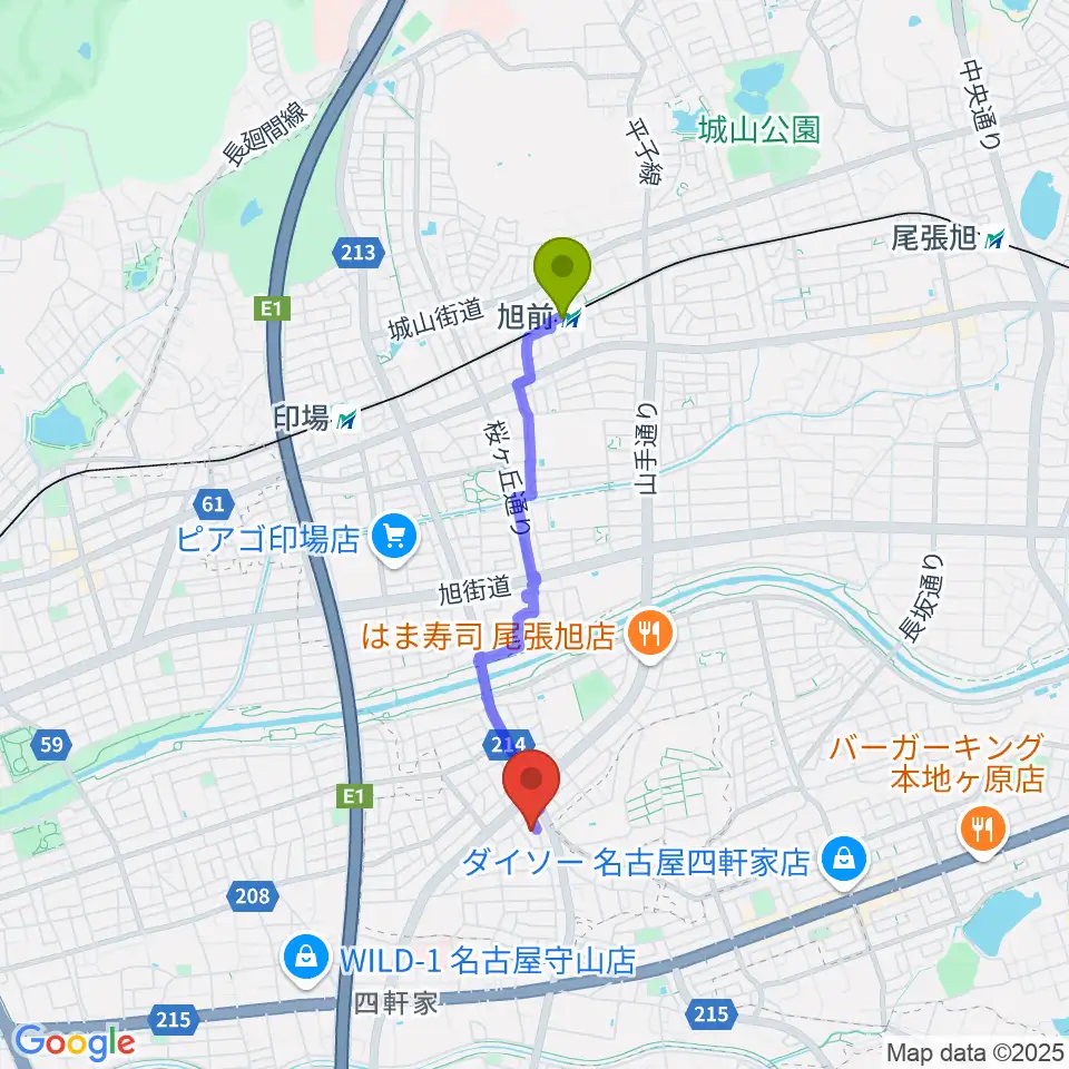 旭前駅から岩本ケースへのルートマップ地図