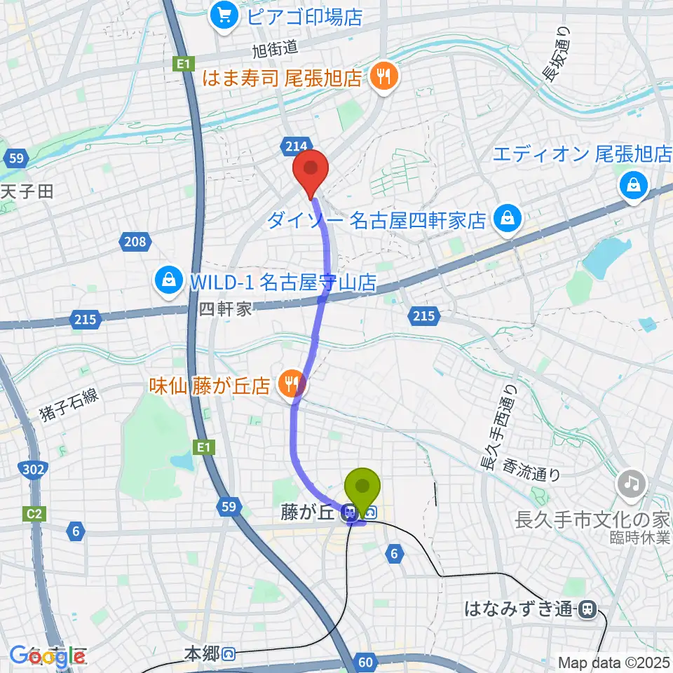 藤が丘駅から岩本ケースへのルートマップ地図