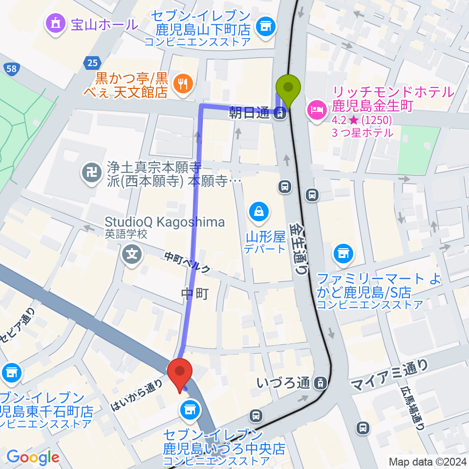 朝日通駅から十字屋クロスへのルートマップ地図