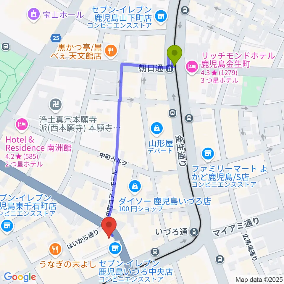 朝日通駅から十字屋クロスへのルートマップ地図