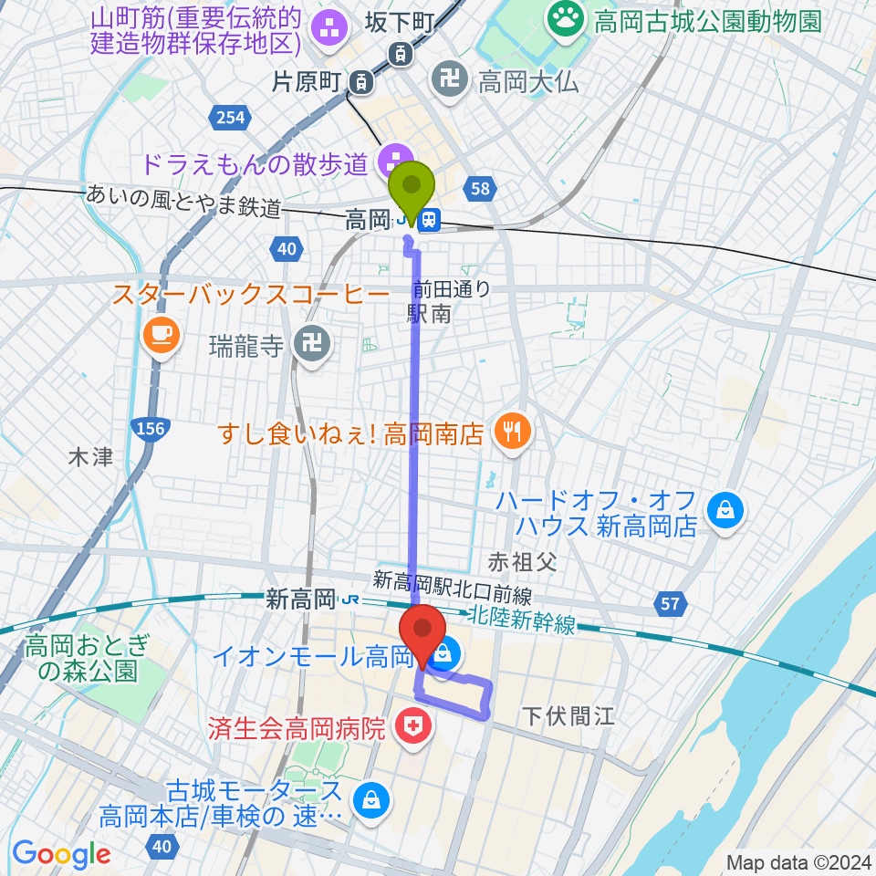 高岡駅からMPC楽器センター高岡へのルートマップ地図