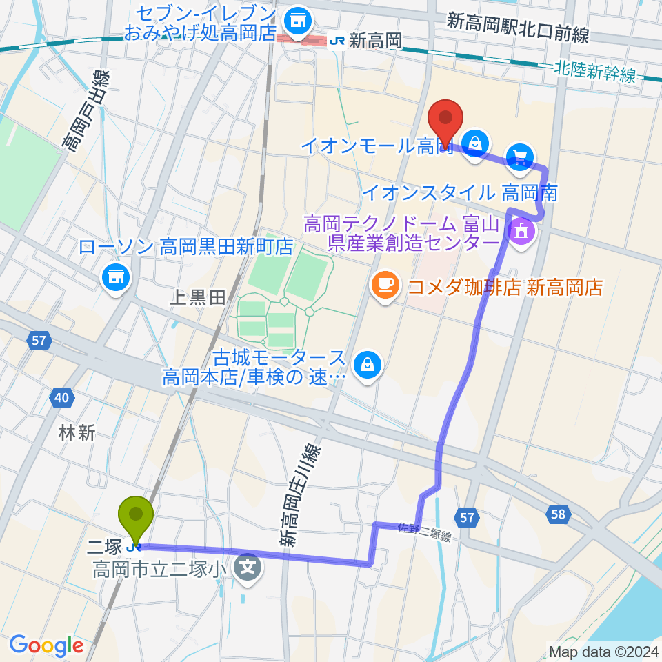 MPC楽器センター高岡の最寄駅二塚駅からの徒歩ルート（約23分）地図