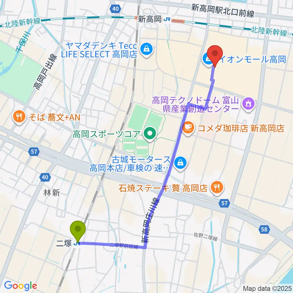 MPC楽器センター高岡の最寄駅二塚駅からの徒歩ルート（約23分）地図