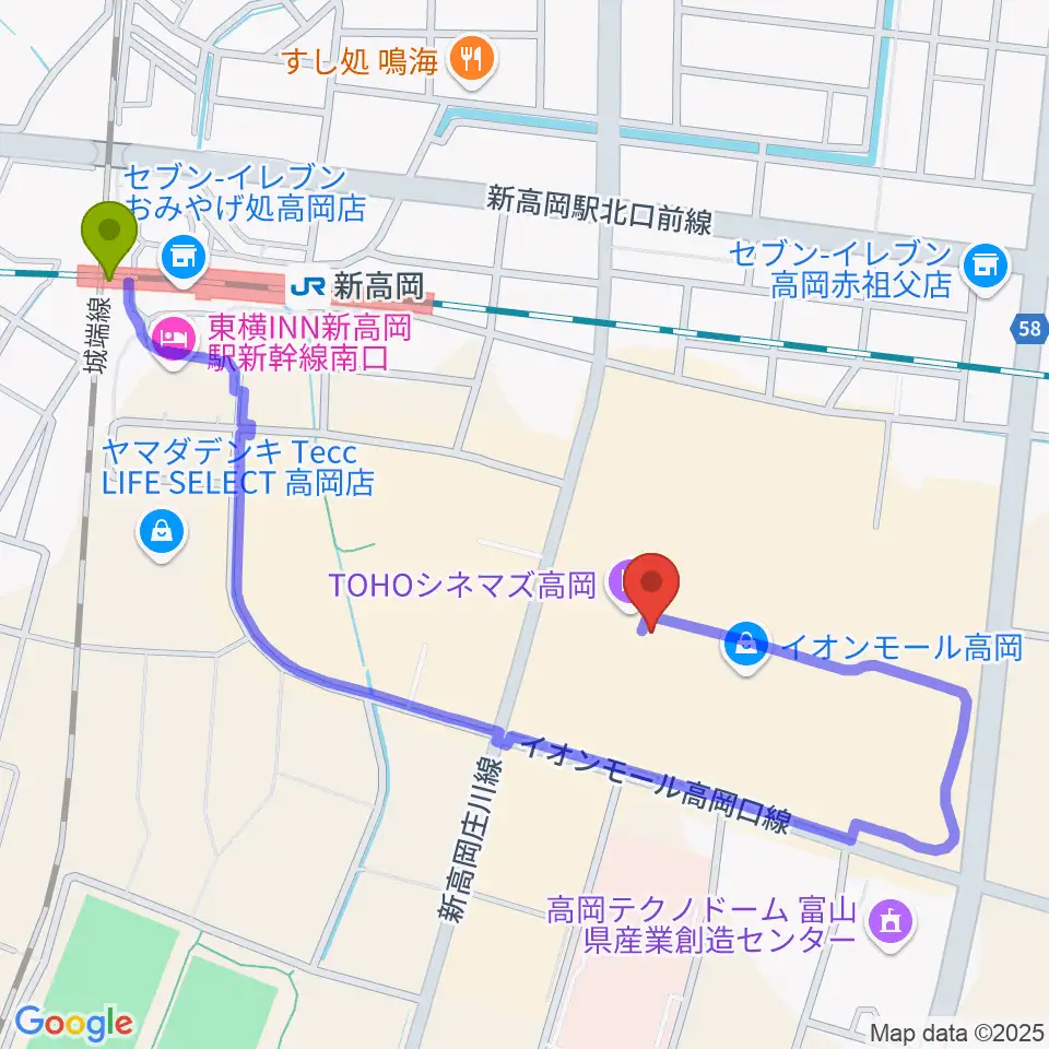 新高岡駅からMPC楽器センター高岡へのルートマップ地図