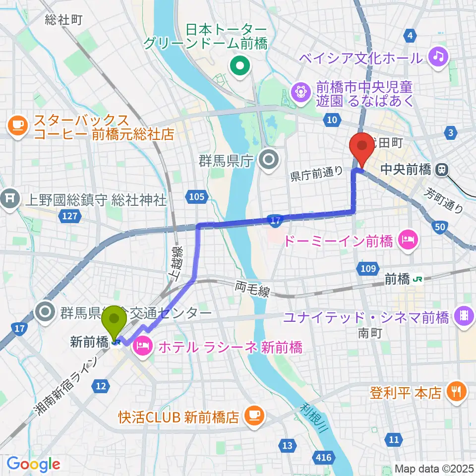 新前橋駅から煥乎堂へのルートマップ地図