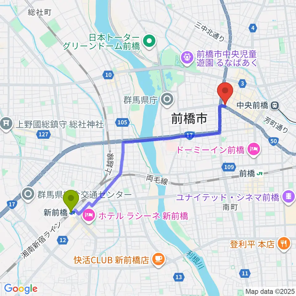 新前橋駅から煥乎堂へのルートマップ地図