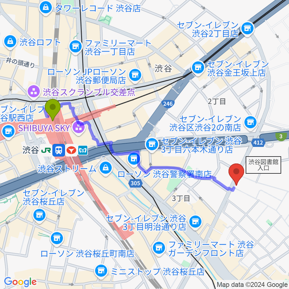 川上楽器 渋谷本店ショールームの最寄駅渋谷駅からの徒歩ルート（約10分）地図