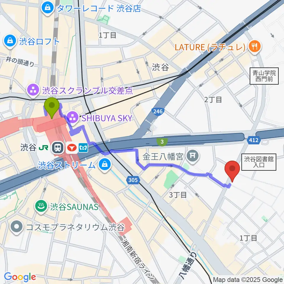 川上楽器 渋谷本店ショールームの最寄駅渋谷駅からの徒歩ルート（約10分）地図