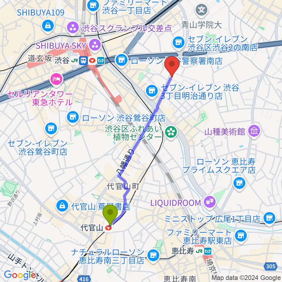 代官山駅から川上楽器 渋谷本店ショールームへのルートマップ地図