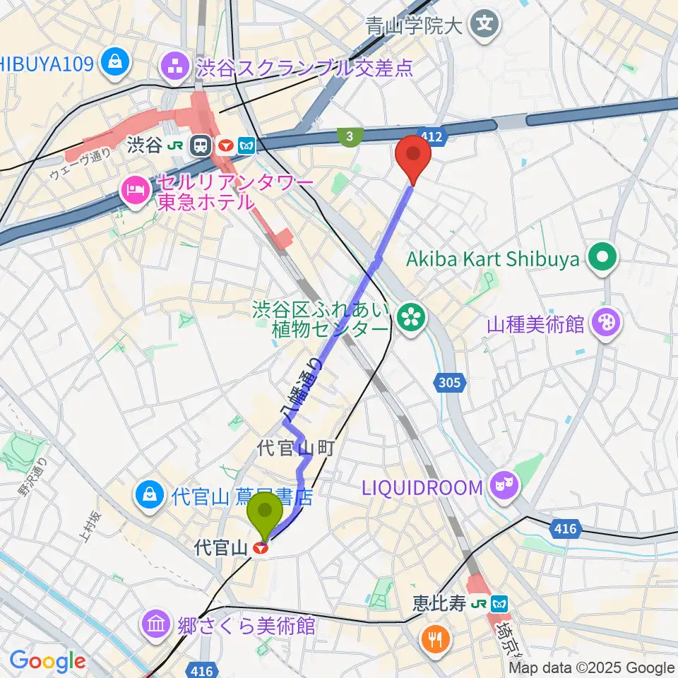 代官山駅から川上楽器 渋谷本店ショールームへのルートマップ地図
