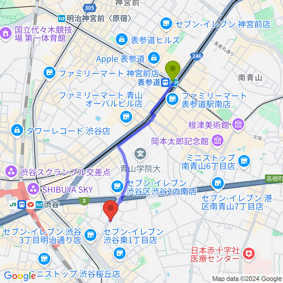 表参道駅から川上楽器 渋谷本店ショールームへのルートマップ地図