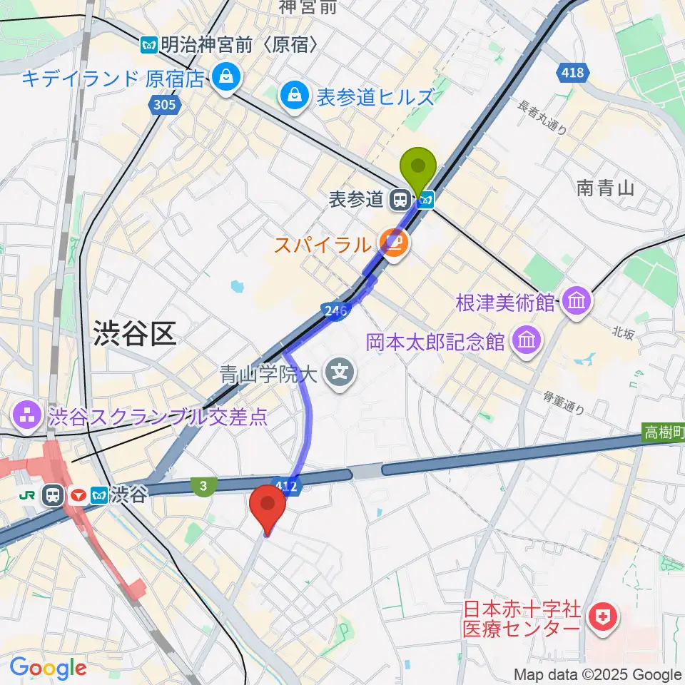 表参道駅から川上楽器 渋谷本店ショールームへのルートマップ地図