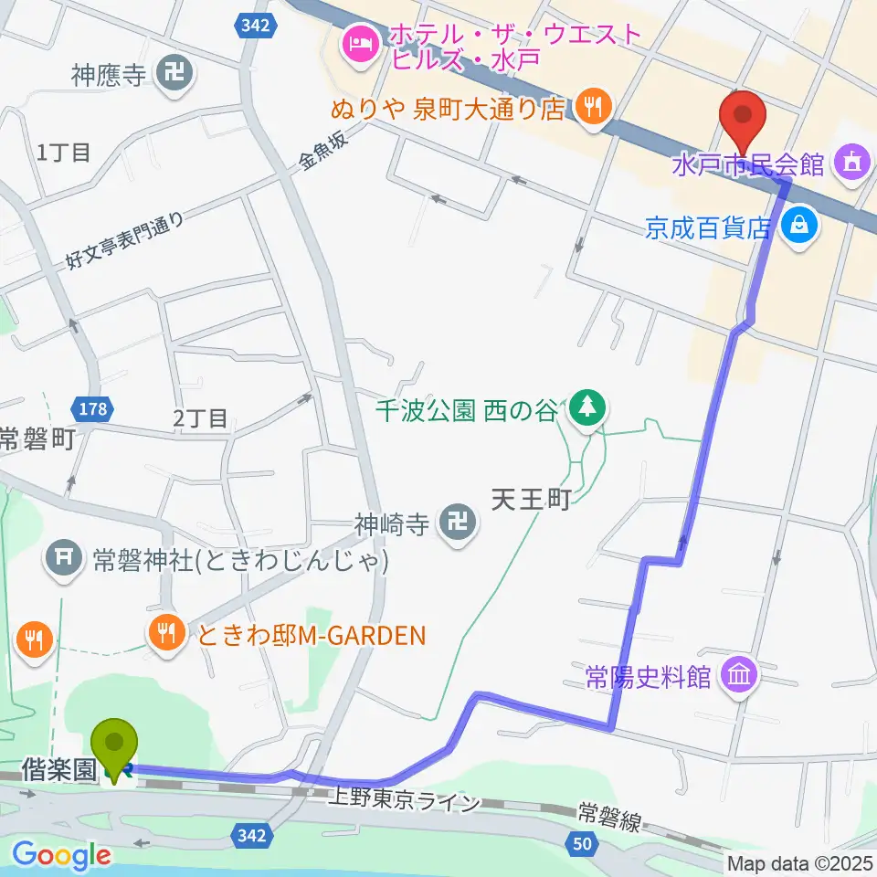 かわまた楽器店の最寄駅偕楽園駅からの徒歩ルート（約16分）地図